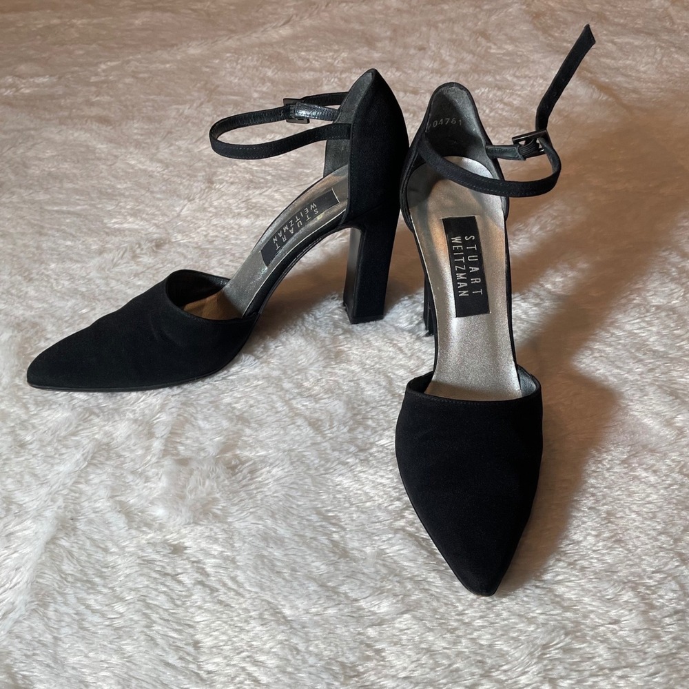 VTG Stuart Weitzman Black Satin Ankle Strap Pointed Toe Block Heel Pumps 7.5 B - Picture 2 of 9